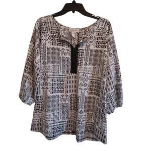 🩷Fashion Avenue Blouse, Women's Size Large, Black & White tunic Aztec Design,